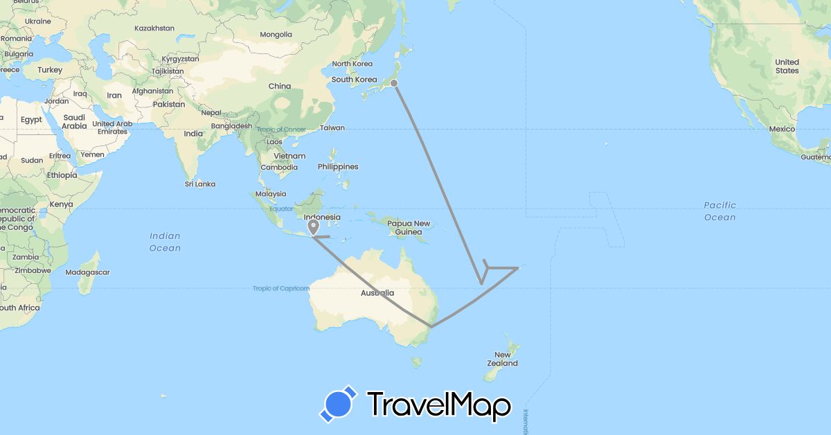 TravelMap itinerary: plane in Australia, Fiji, France, Indonesia, Japan, Vanuatu (Asia, Europe, Oceania)